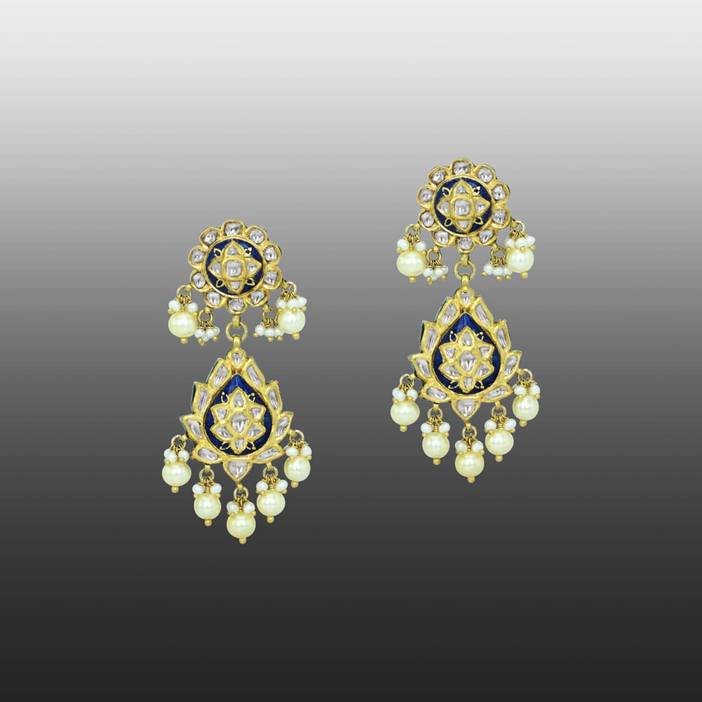 Drop Earrings with Blue Enamel and Pearls